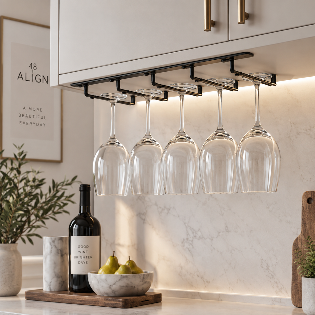5 Slot Under Cabinet Wine Glass Rack Black Metal Stemware Holder Storage Organiser